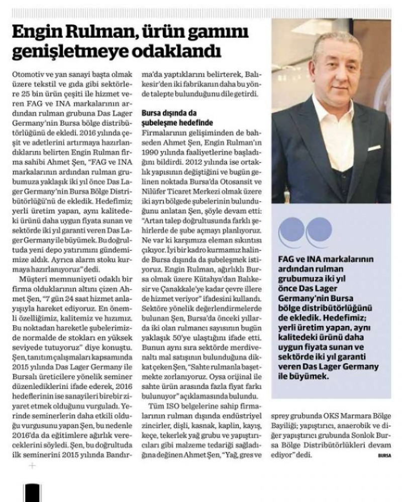 6 Ocak 2016 Dünya Gazetesi - "Hedefimiz Das Lager ile birlikte büyümek!"